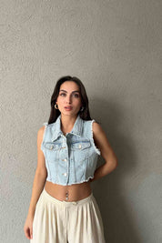 Mavi Kar Yıkamalı Yırtık Detaylı Crop Jean Yelek SY-2004-Mavi