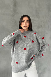 Gri Kalp Nakışlı Triko Kazak SY-2387-Gri