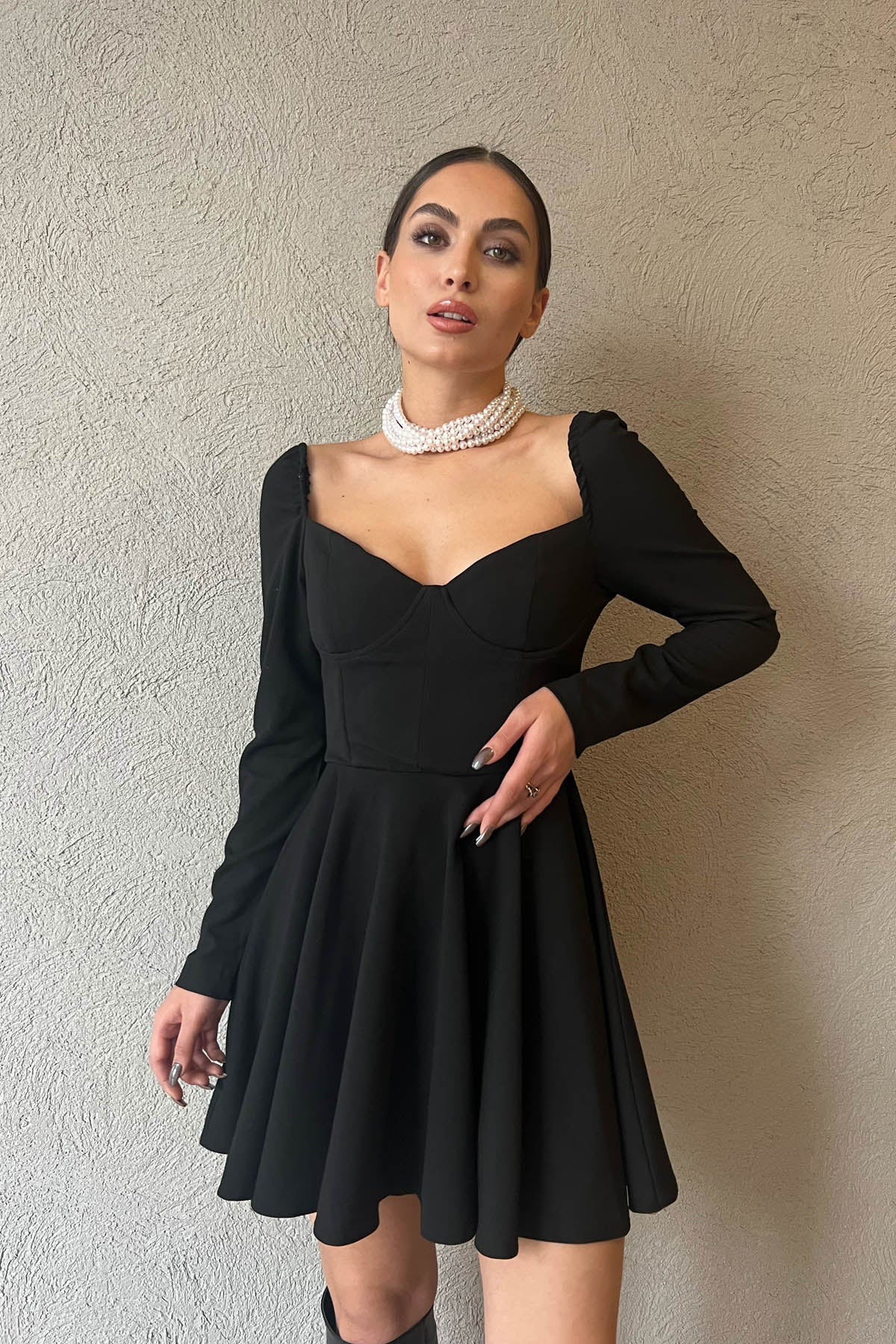 Siyah Kuplu Kloş Özel Tasarım Elbise SY-0044-Siyah