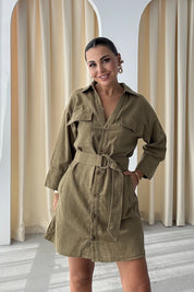 Haki Keten Kuşaklı Gömlek Elbise SY-3213-Haki