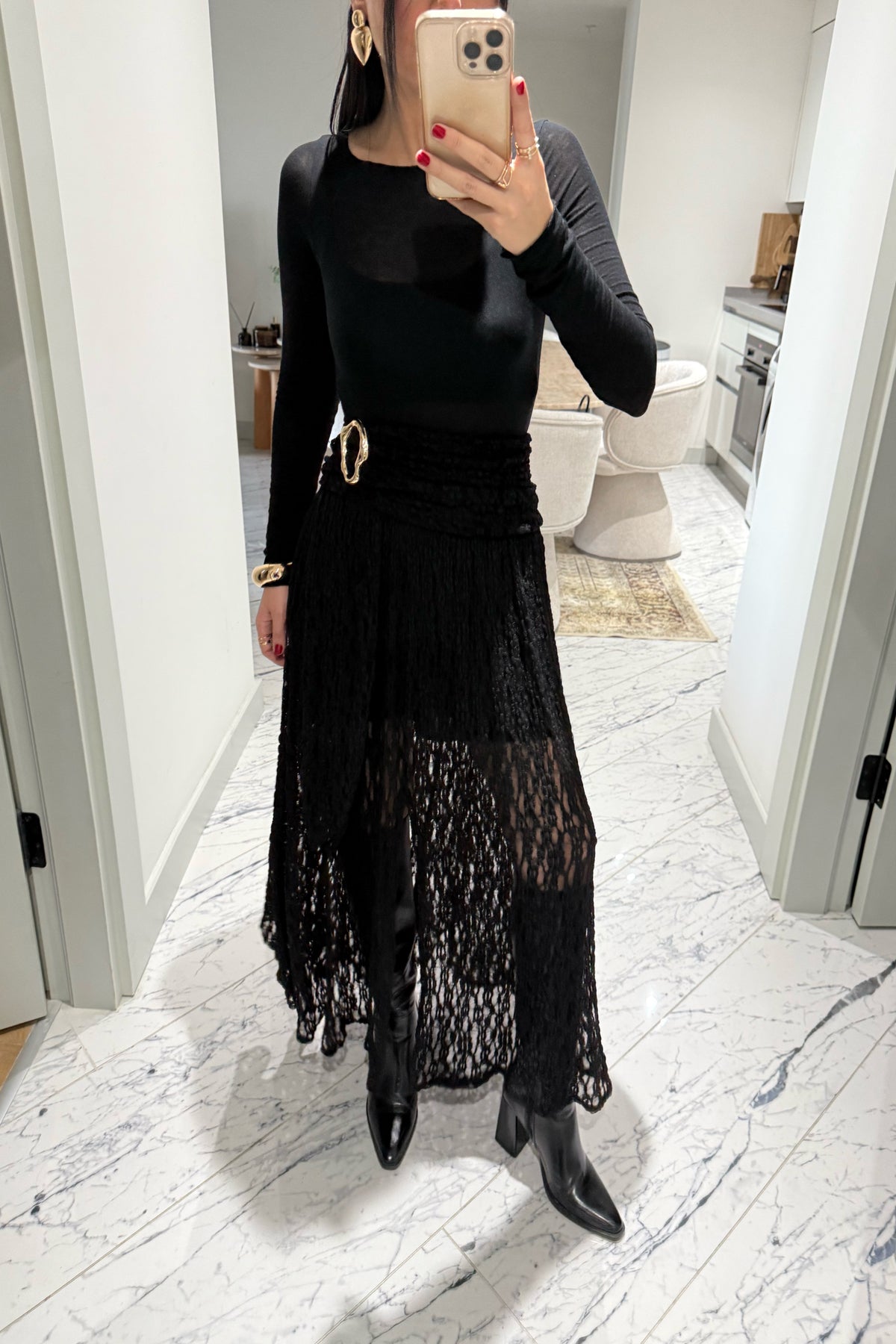 Gold Toka Detaylı Siyah Dantel Etek SY-3546-Siyah