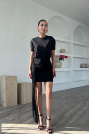 Siyah Premium Tül Detaylı T-shirt Elbise SY-1830-Siyah