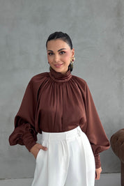 Koyu Kahve Dökümlü Zr Tasarım Saten Bluz SY-3369-Koyu Kahve