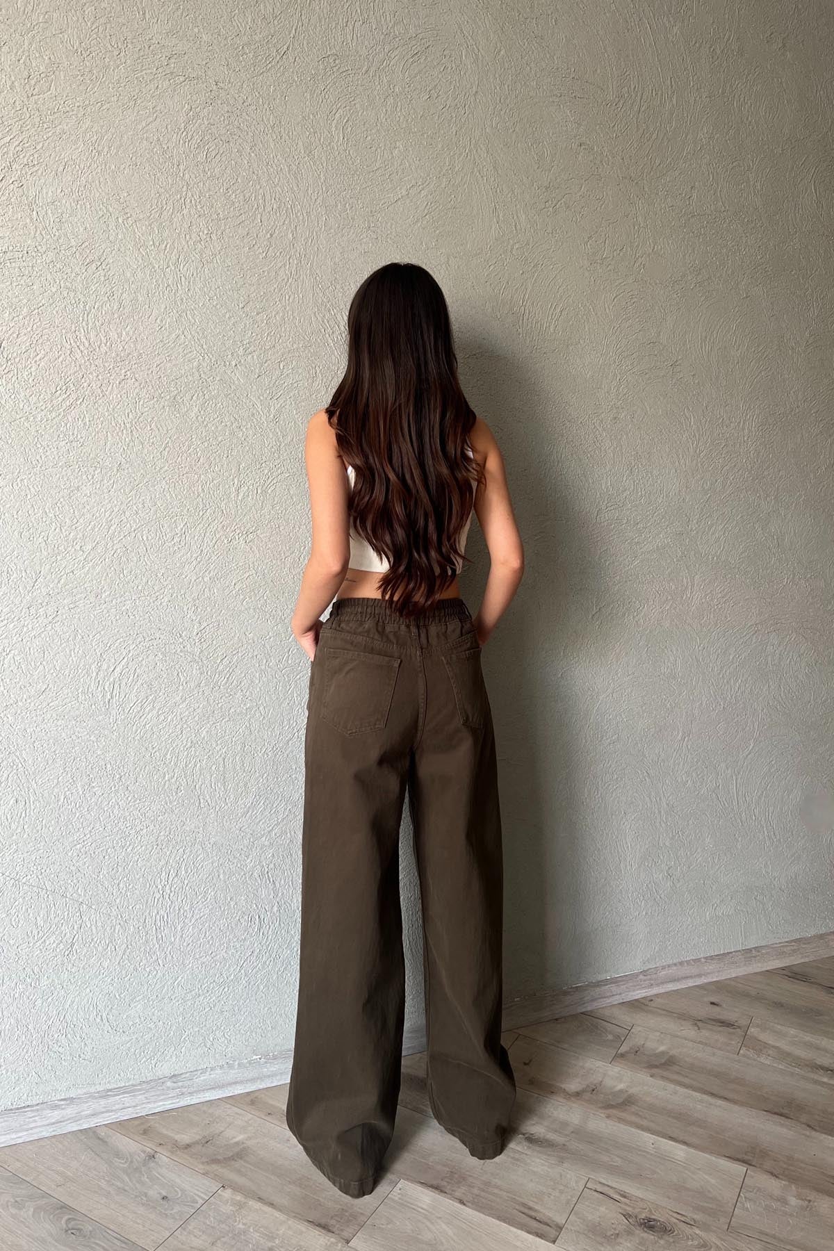 Haki Beli Lastik Detaylı Gabardin Bol Paça Pantolon SY-1916-Haki
