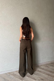 Haki Beli Lastik Detaylı Gabardin Bol Paça Pantolon SY-1916-Haki