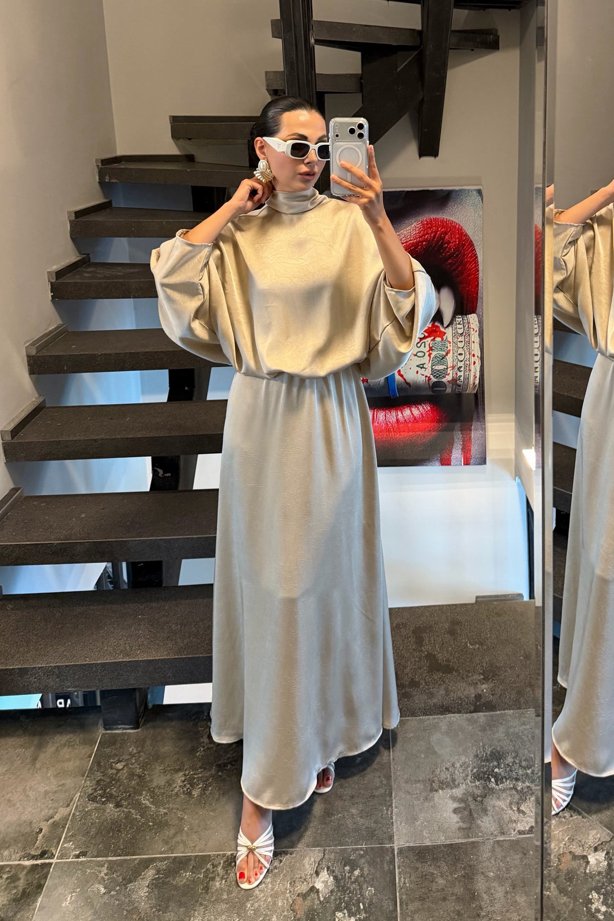 Bej Arkası Bağlamalı Uzun Saten Elbise SY-3583-Bej