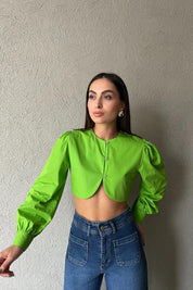 Yeşil Düğme Detaylı Crop Gömlek SY-1856-Yeşil
