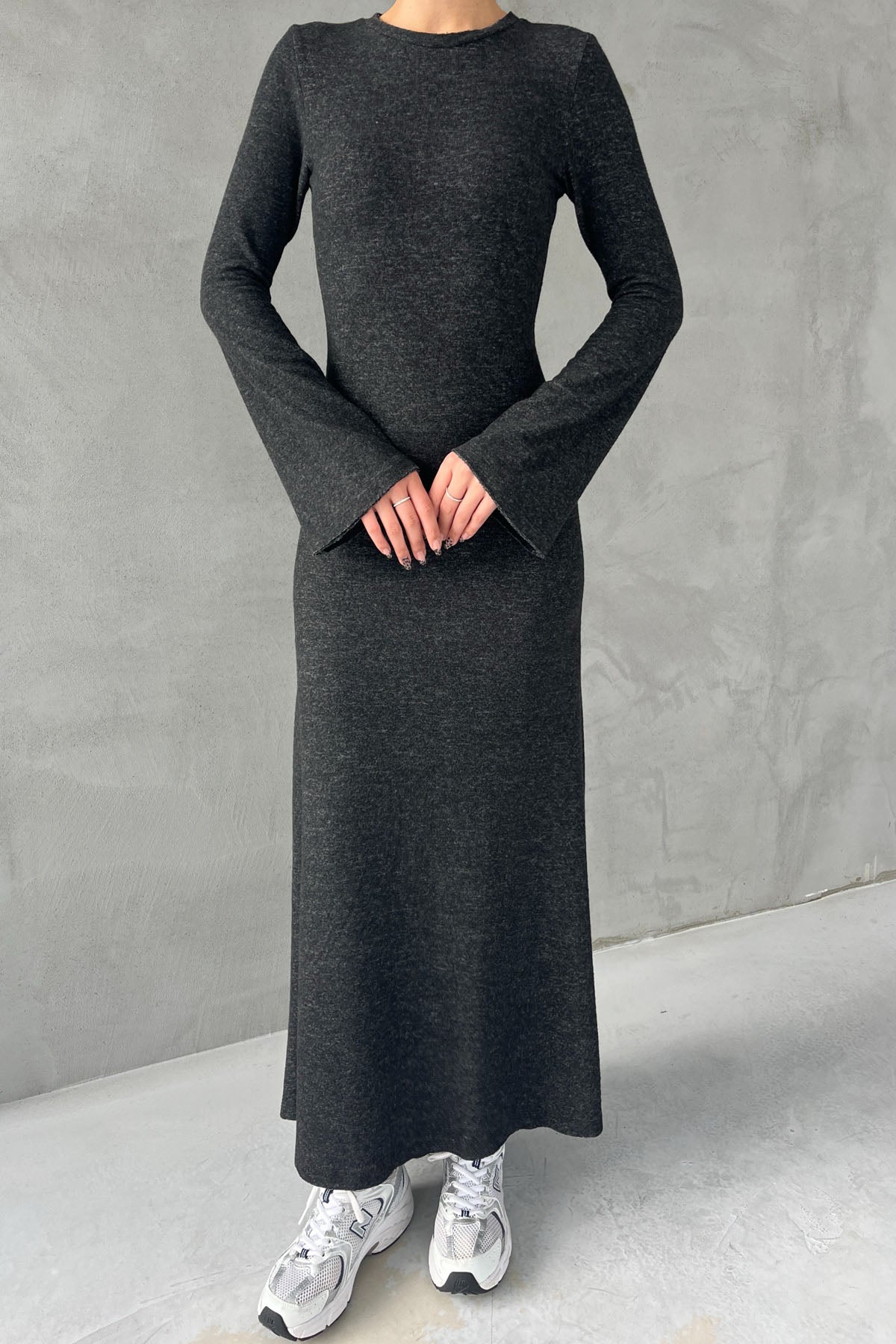 Antrasit Yumoş İspanyol Kol Uzun Elbise SY-2619-Antrasit