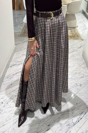 Ekose Desenli Yırtmaç Detaylı Grili Bordo Çizgili Kloş Etek SY-3494-Gri