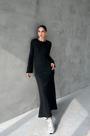 Antrasit Yumoş İspanyol Kol Uzun Elbise SY-2619-Antrasit