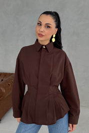 Kahve Belden Oturtmalı Pensli Gömlek SY-3406-Kahve