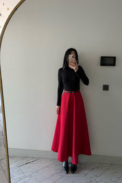 Pilili Volanlı Kırmızı Midi Etek SY-3472-Kırmızı