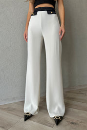 Beyaz Bel Kısmı ve Cepleri Siyah Geçişli Pantolon SY-1108-Beyaz