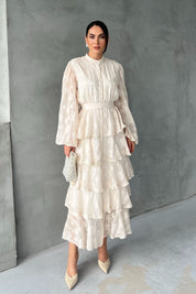 Bej Valonlu Çiçek Desenli Şerit Detaylı Kat Kat Elbise SY-1747-Bejc