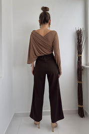 Kahve Arka Bel Kısmı Lastikli Bol Paça Pantolon SY-0071- Kahve