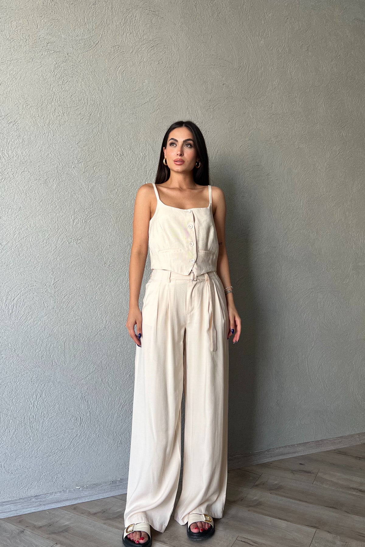 Taş Askı Detaylı Yelek Palazzo Pantolon Takım SY-2110-Taş