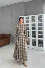 Ekose Desenli Kuşaklı Midi Elbise SY-3465-Haki