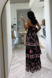Siyah Floral Desenli Kat Kat Elbise SY-3822-Sİyah