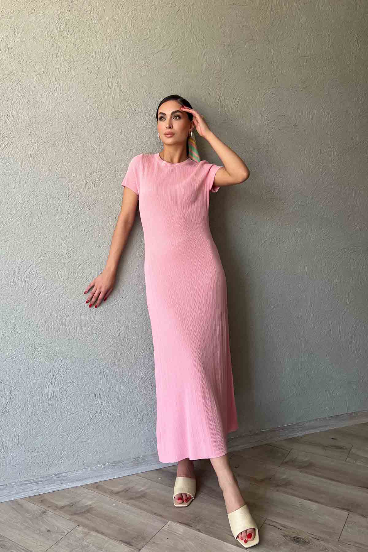 Pembe Kısa Kol Fitilli Midi Boy Triko Elbise SY-2111-Pembe