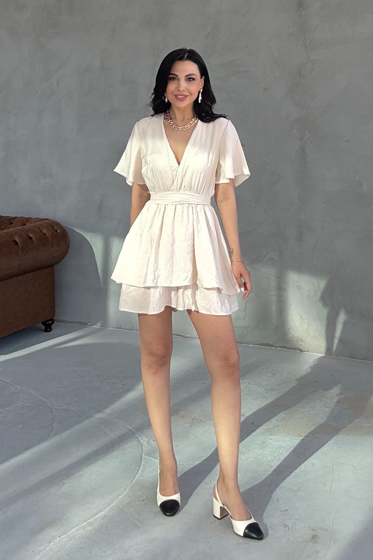 Bej Beli Lastikli Kuşaklı Mini Elbise SY-3067-Bej