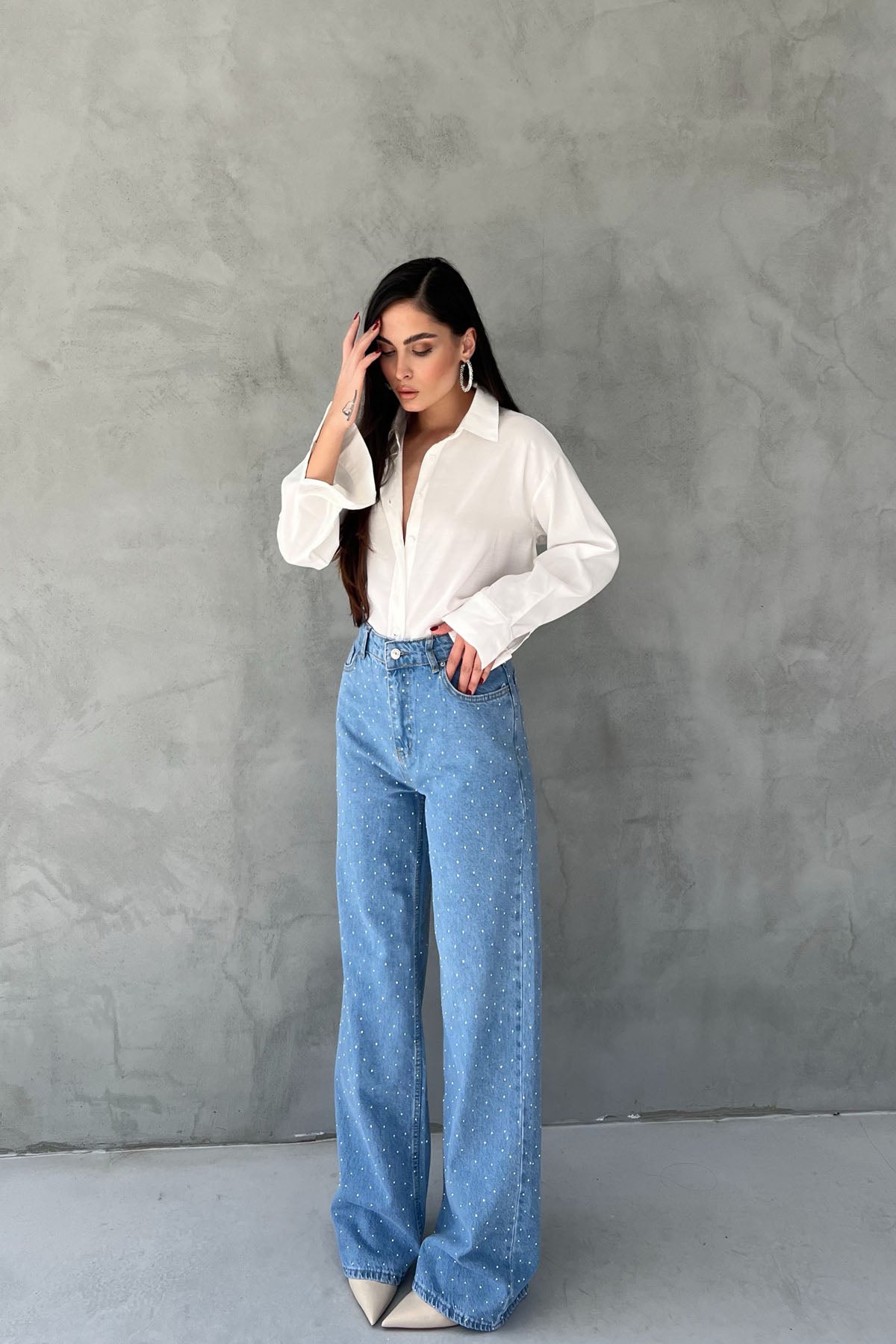 Mavi Önü Arkası Taş Detaylı Bol Paça Jean SY-2441-Mavi