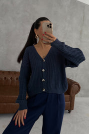 Kadın Lacivert V Yaka Düğme Detaylı Triko Kışlık Hırka SYM-3427-Lacivert