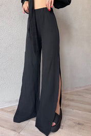 Siyah Bel Lastikli Derin Yırtmaçlı Pantolon SY-0458- Siyah
