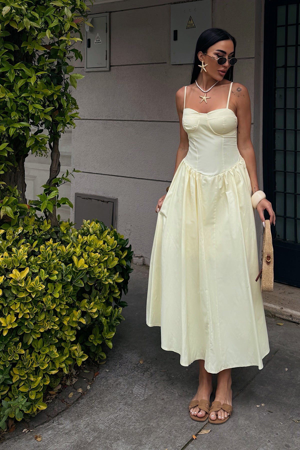 Sarı Marino Göğüs Kulplu Elbise SY-3173-Sarı