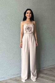 Bej Çift Pile Detaylı Palazzo Pantolon SY-2028-Bej