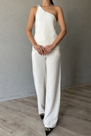 Ekru Pileli Tek Arka Cep Detaylı Pantolon SY-2343-Ekru