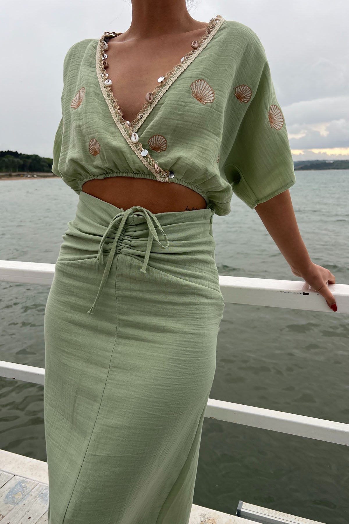 Mint Yeşili Shell Detaylı Crop Etek Müslin takım SY-2130-Mint Yeşili
