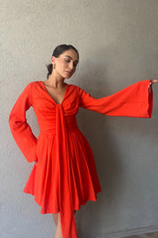 Mercan Mallorca Flare Kollu Yakası Detaylı Elbise SY-2374-Mercan