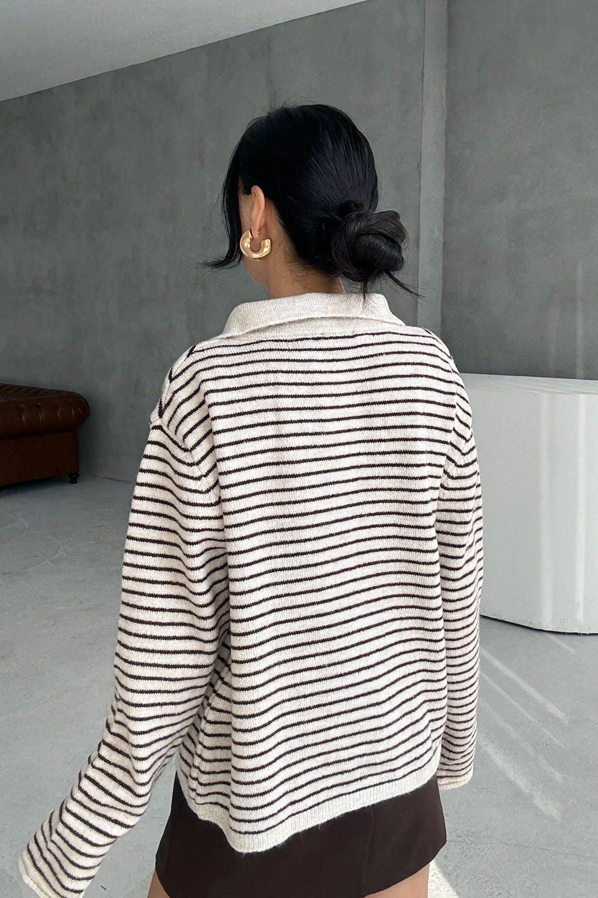 Taş Çizgili Polo Yaka Triko Kazak SY-3415-Taş