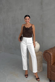 Ekru Çift Pensli Fleto Cepli Pantolon SY-3106-Ekru