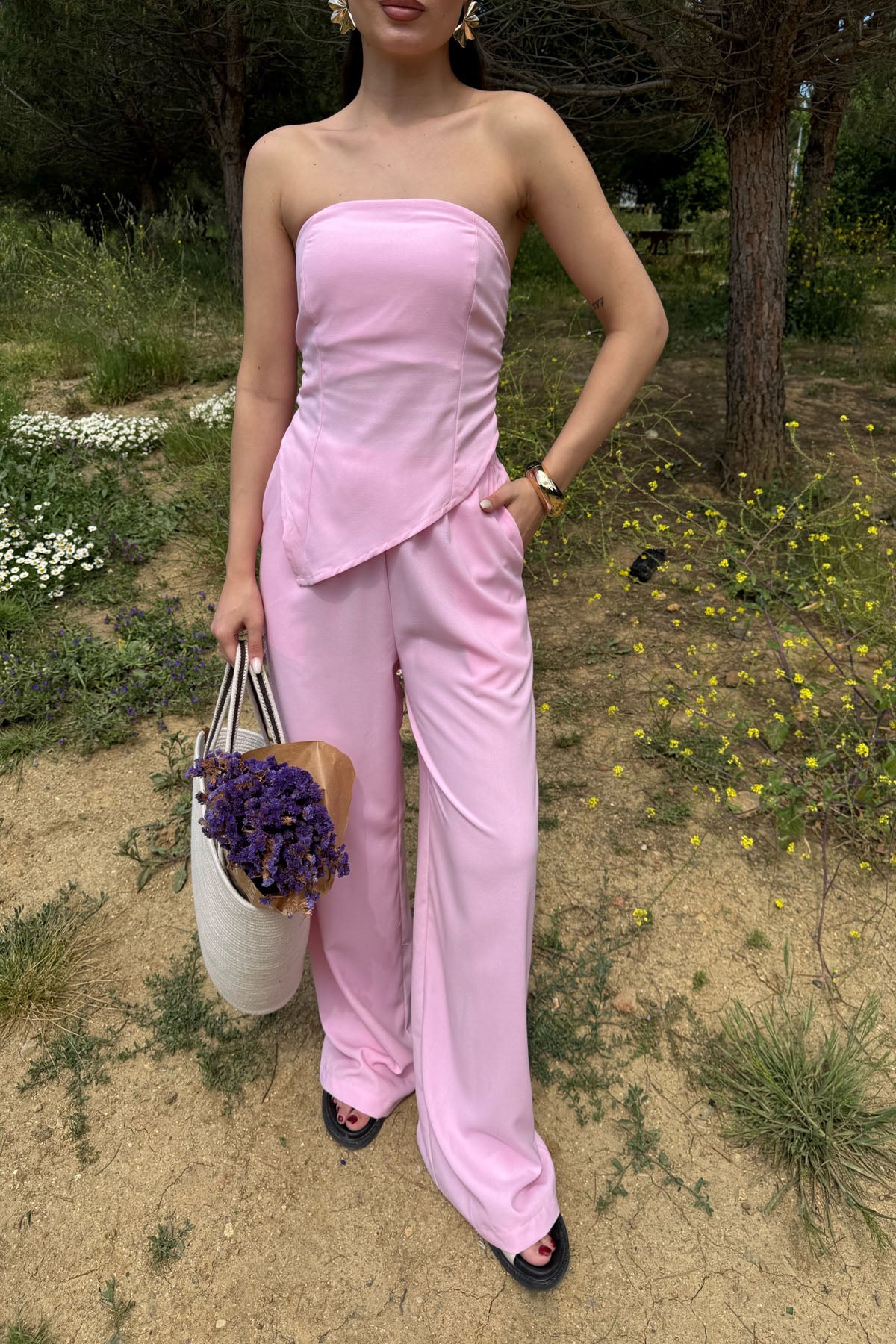 Pembe Asimetrik Straplez ve Pantolon Takım SY-3189-Pembe