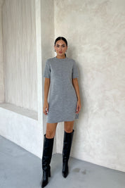 Gri Önü Dikiş Detaylı Kısa Triko Elbise SY-23834-Gri