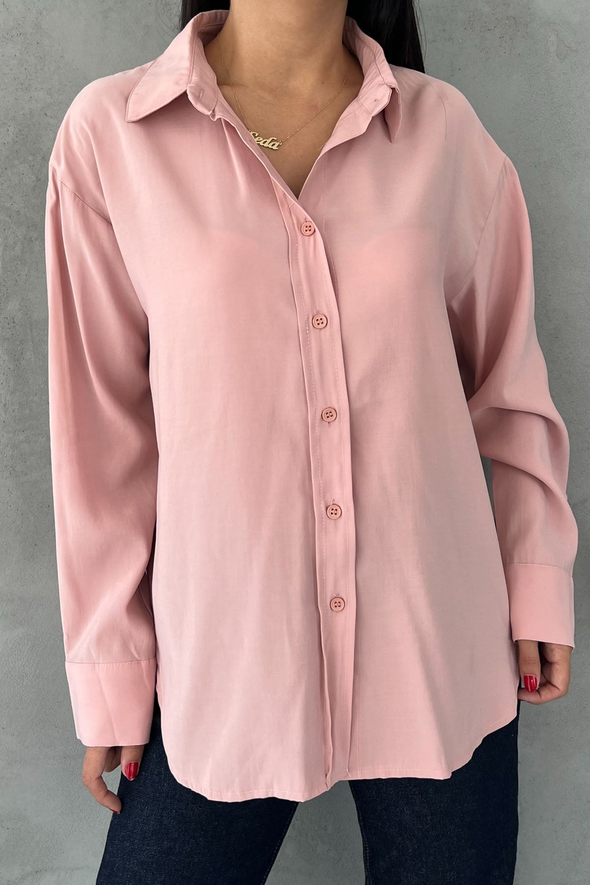 Pudra Modal Kumaş Uzun Kol Basic Gömlek SY-2487-Pudra
