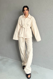 Krem Beli Bağlamalı Denim Ceket Pantolon Takım SY-2884-Krem