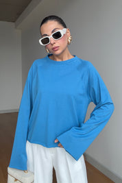 Mavi Oversize İspanyol Kol Basic T-Shirt SY-3846-Mavi