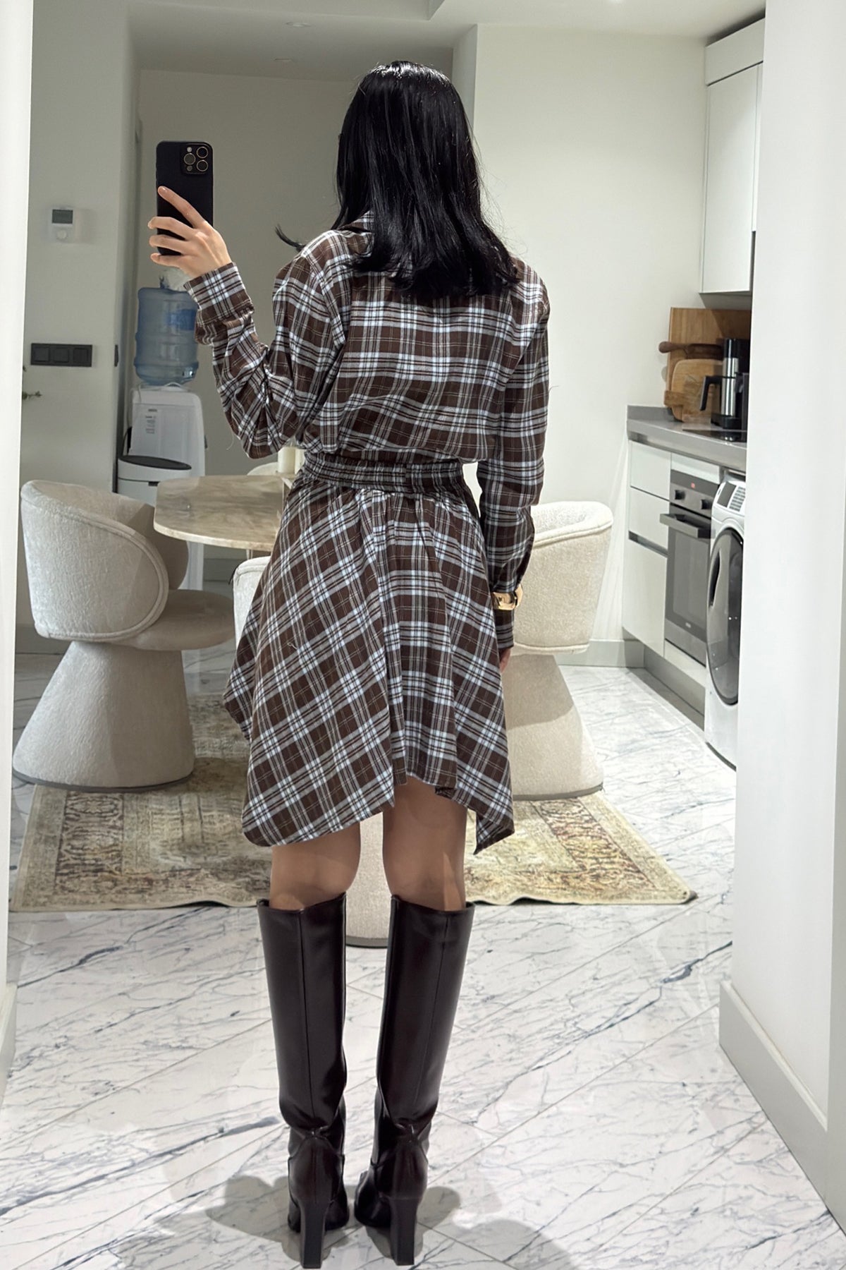 Kahve Mavi Kareli Etek Gömlek Takım SY-3609-Mavi