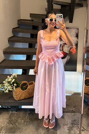 Pembe Sırt Bağlamalı Pötikare Fırfırlı Bluz SY-3734-Pembe