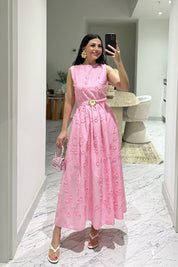 Santorini Çiçek Desenli Midi Elbise-Pembe SY-3661-Pembe