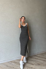 Siyah Beyaz Çizgili L Muadili Kadın Straight Fit Lacivert Elbise SY-2258-Siyah Beyaz