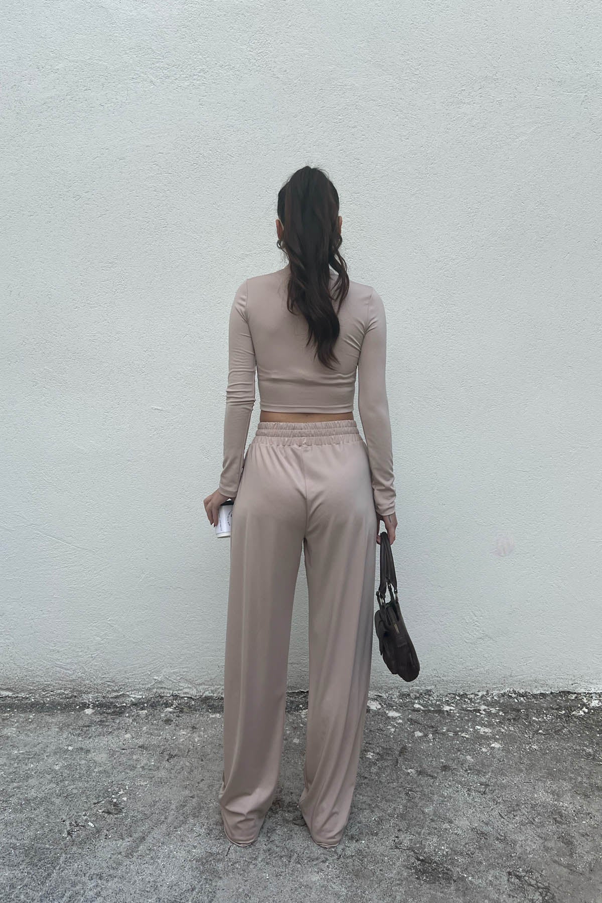 Bej Dalkıç Kumaş Basic Jogger Crop Pantolon Takım SY-1705-Bej