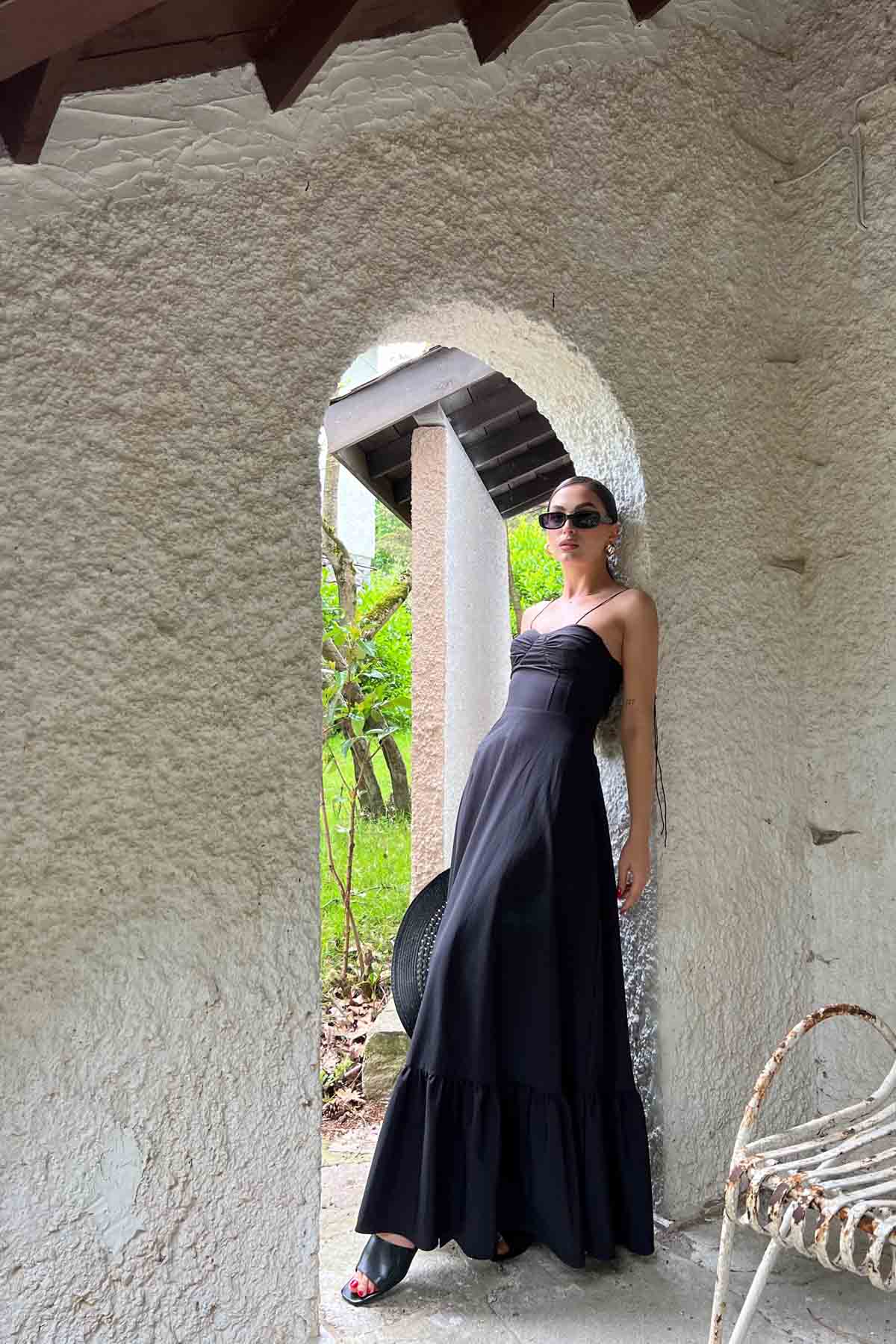 Siyah Askısı Bağlama Detaylı Uzun Elbise SY-2082-Siyah