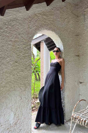 Siyah Askısı Bağlama Detaylı Uzun Elbise SY-2082-Siyah