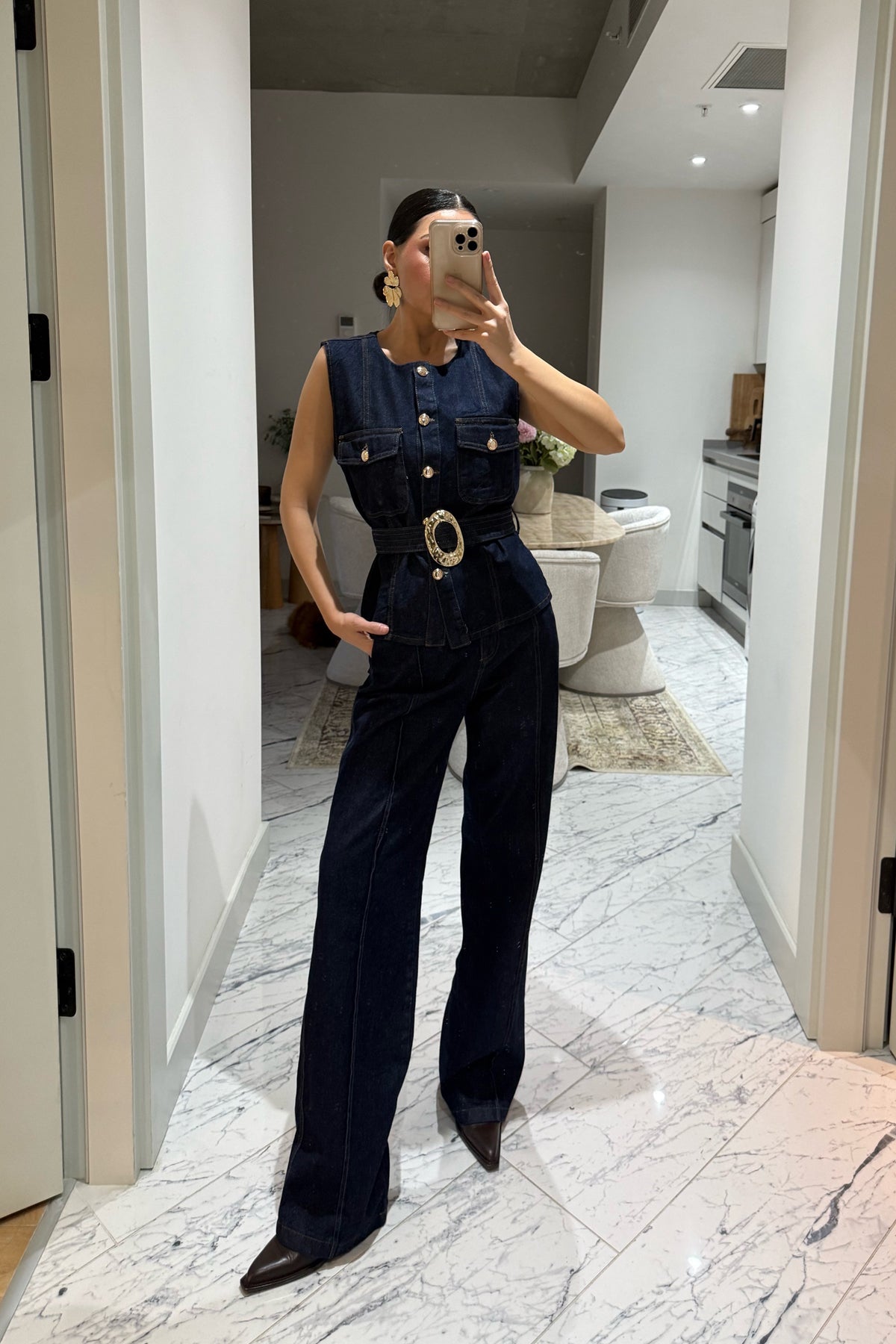 Gold Kemerli Denim Yelekli İkili Takım SY-3514-Lacivert