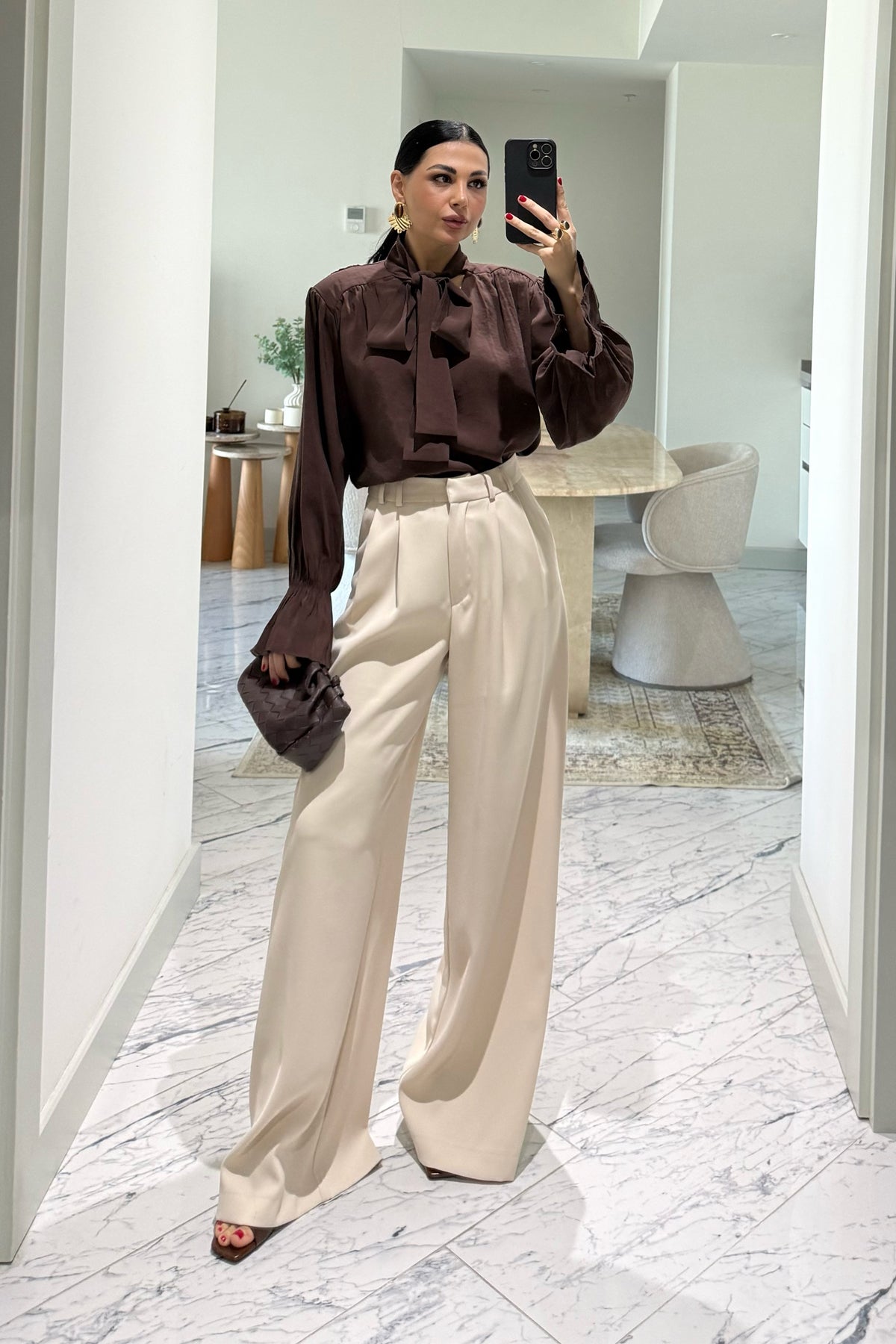 Vatkalı Şal Detaylı Kahverengi Bluz SY-3658-Kahverengi