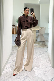 Vatkalı Şal Detaylı Kahverengi Bluz SY-3658-Kahverengi