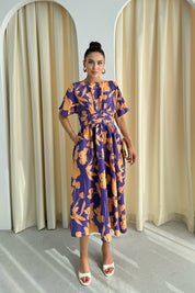 Turuncu Desenli Prenses Kalıp Midi Elbise SY-3294-Turuncu